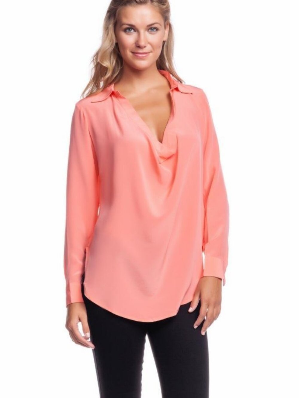 Karina Grimaldi Chiara Top Coral 100% Silk Long Sleeve Blouse Orange Peach NWT